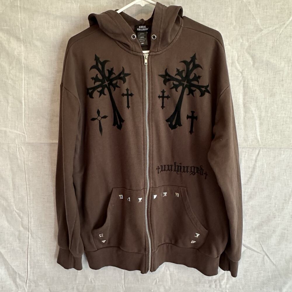 Social Collision Hoodie Gothic Cross‎ Full Zip Brown Studded Graphic Mens Medium